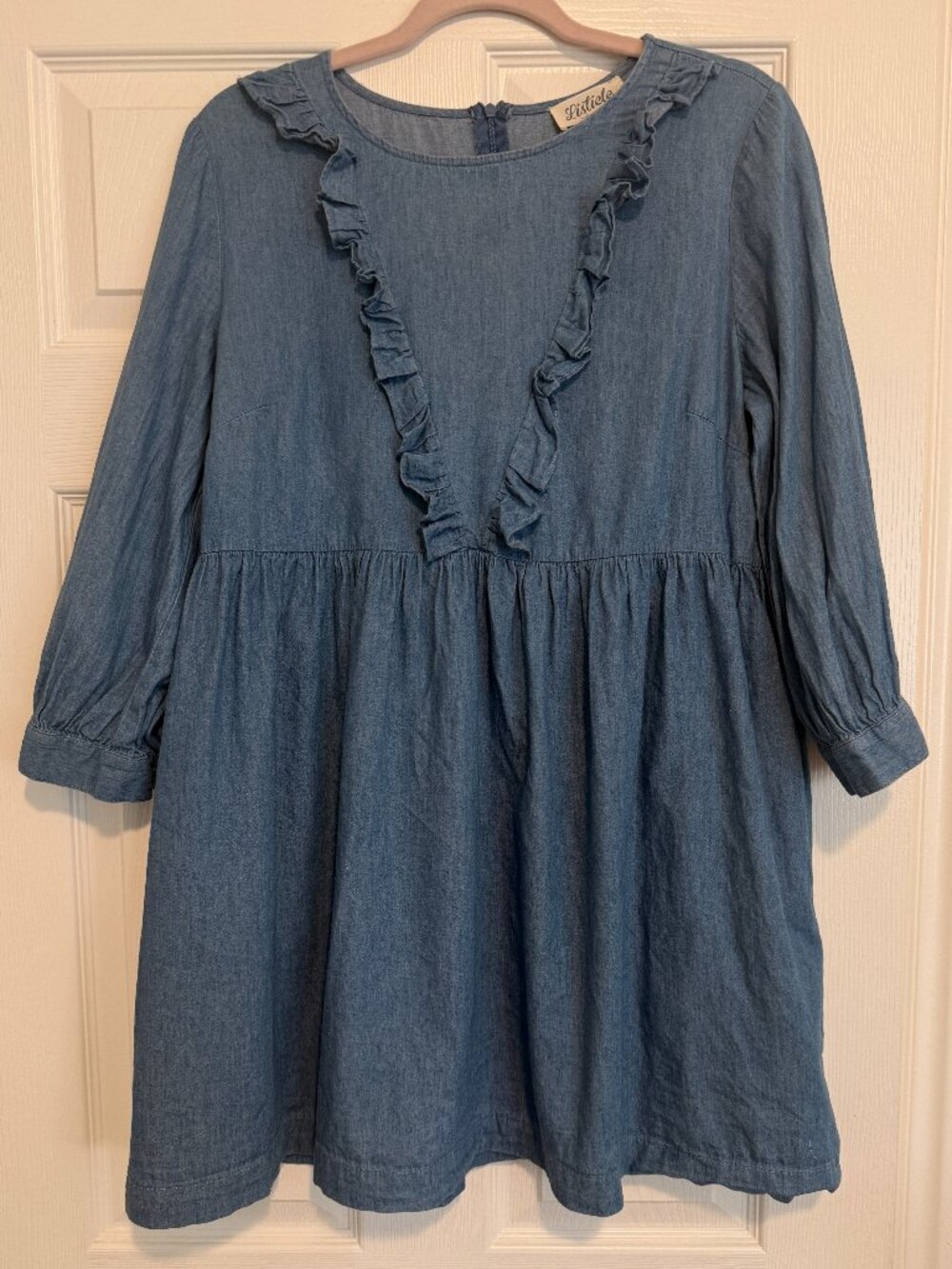Listicle Chambray Ruffle Front Babydoll Mini Dress 3/4 Puff Sleeve Pockets M